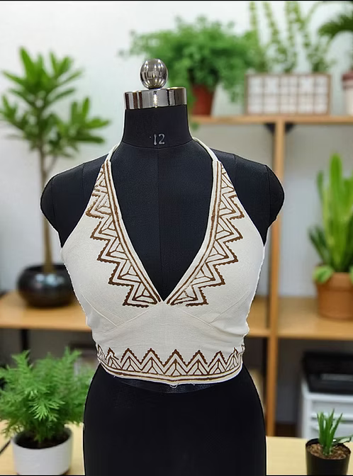 Bohemian Geometric Deep V-Neck Embroidered Halter Crop