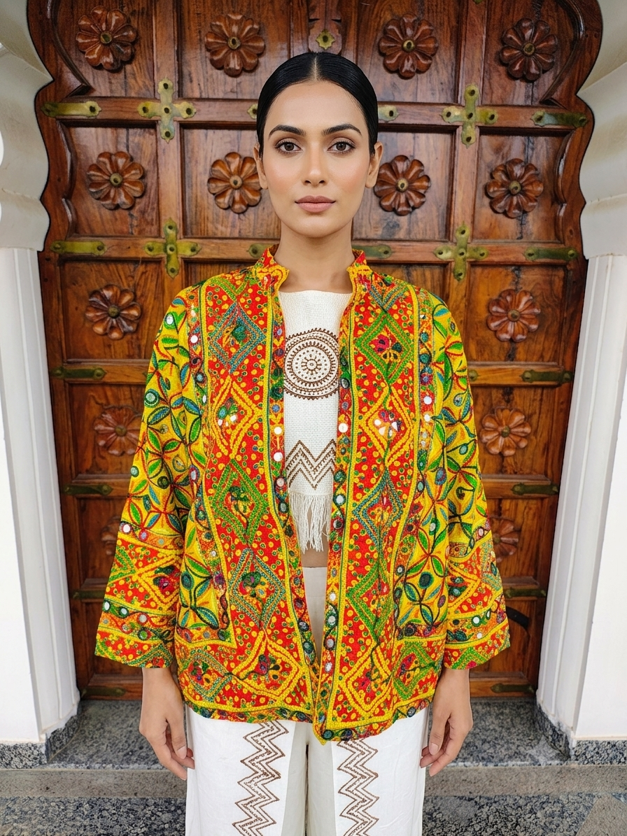 Jacket With Kachhi Banjara Embroidery In Cotton