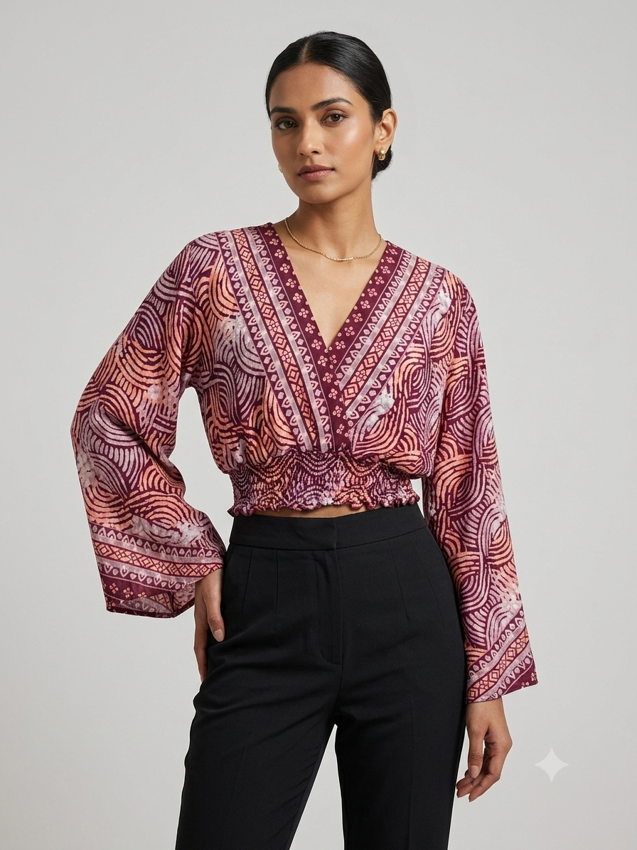 Women Bohemian Printed Crop Top V Neck Elastic Waist Blouse
