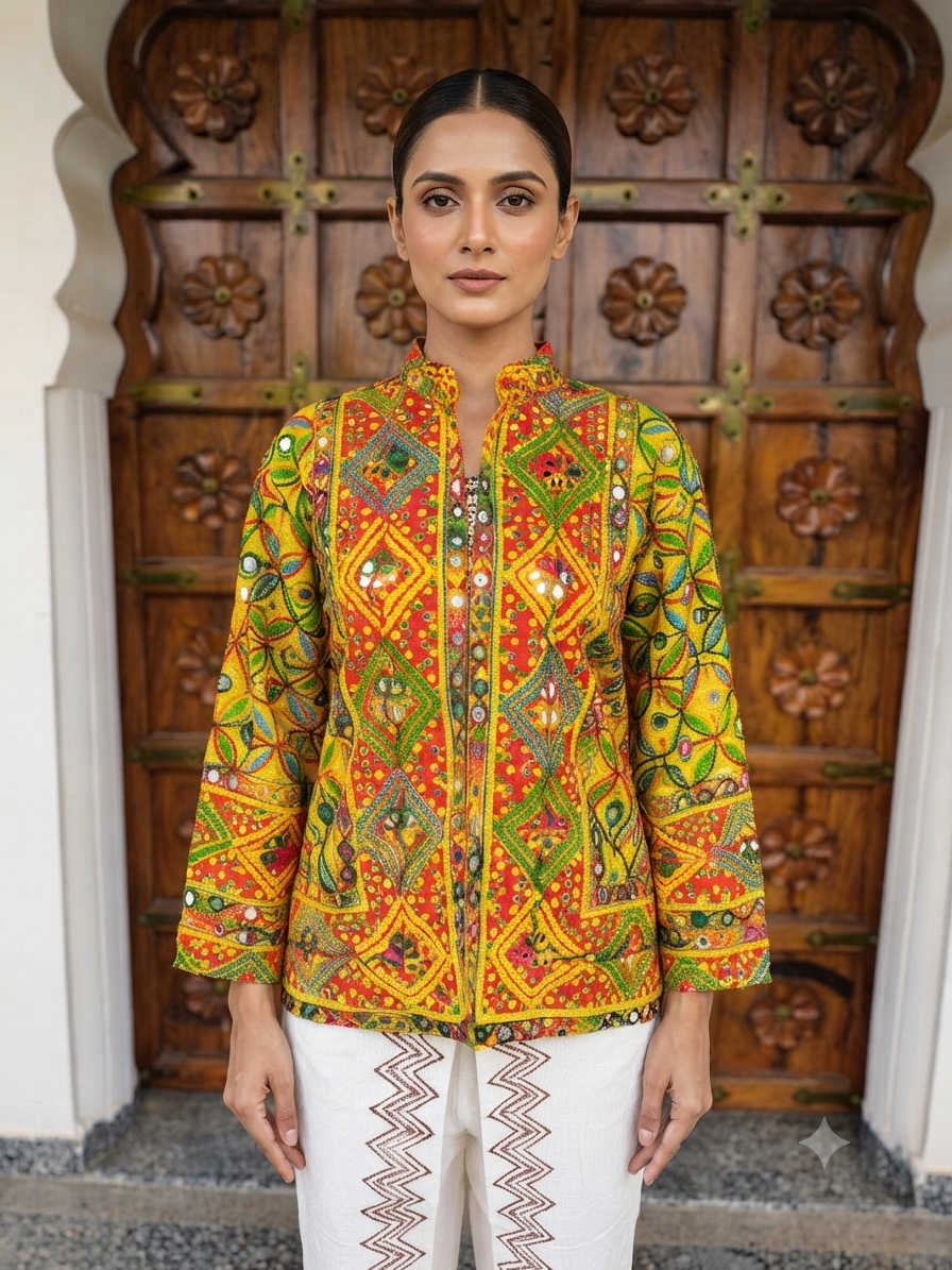 Jacket With Kachhi Banjara Embroidery In Cotton
