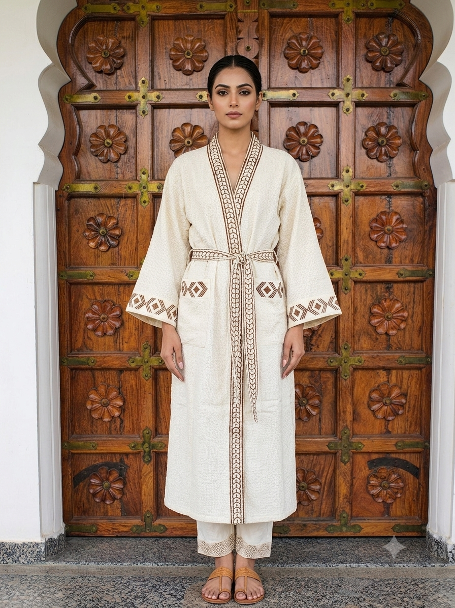 V-neck Collar Knee Length 100% Cotton Soft Unisex Waffle Kimono