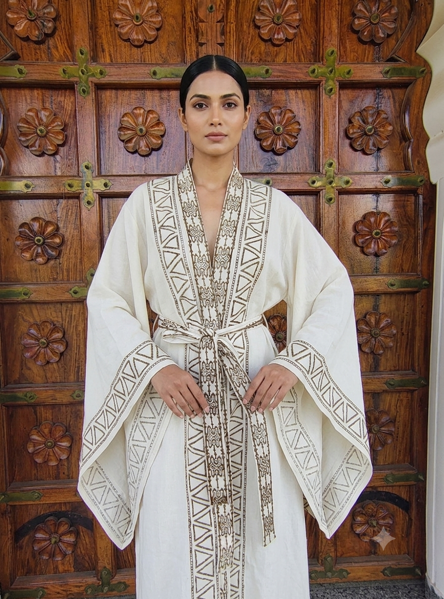 Batwing Sleeves V-neck Midi Length Embroidered Cotton Kimono