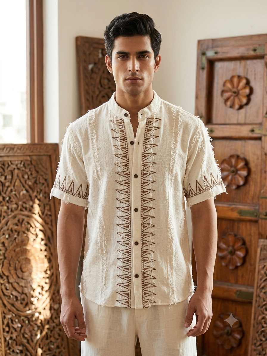 Men's Bohemian Shirt With Fringes And Geometric Print 100% Cotton