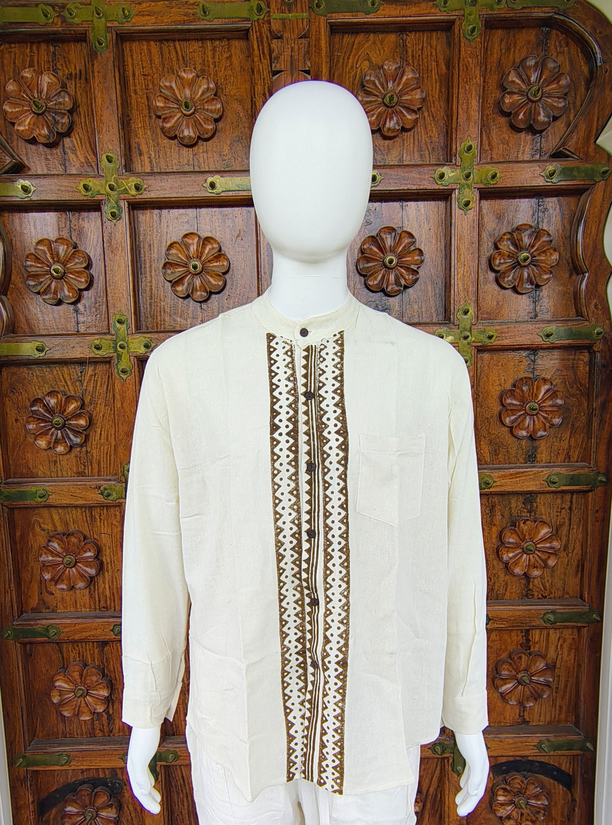 Bohemian Block Print Mandarin Collar Long Sleeve Men's 100% Cotton Shirt