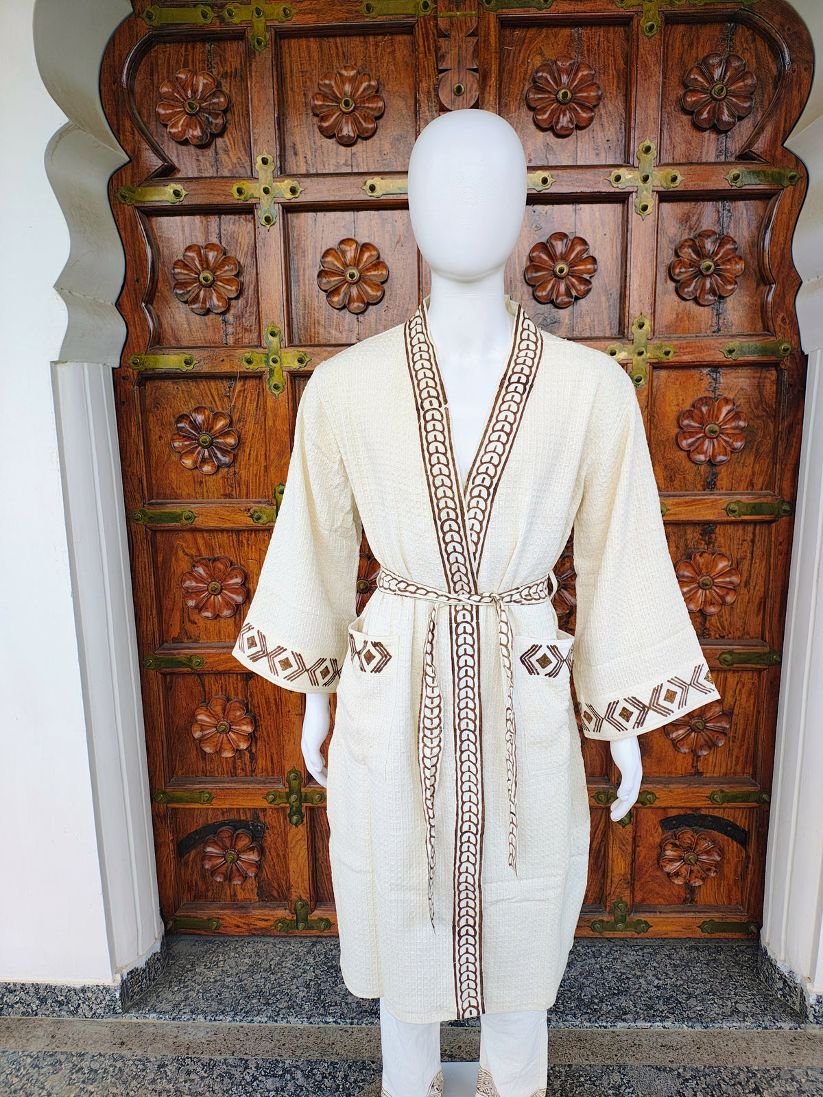 V-neck Collar Knee Length 100% Cotton Soft Unisex Waffle Kimono