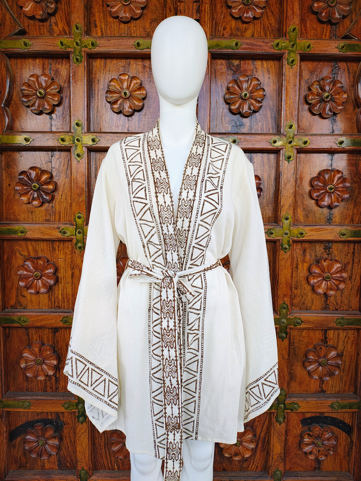 Batwing Sleeves V-neck Midi Length Embroidered Cotton Kimono