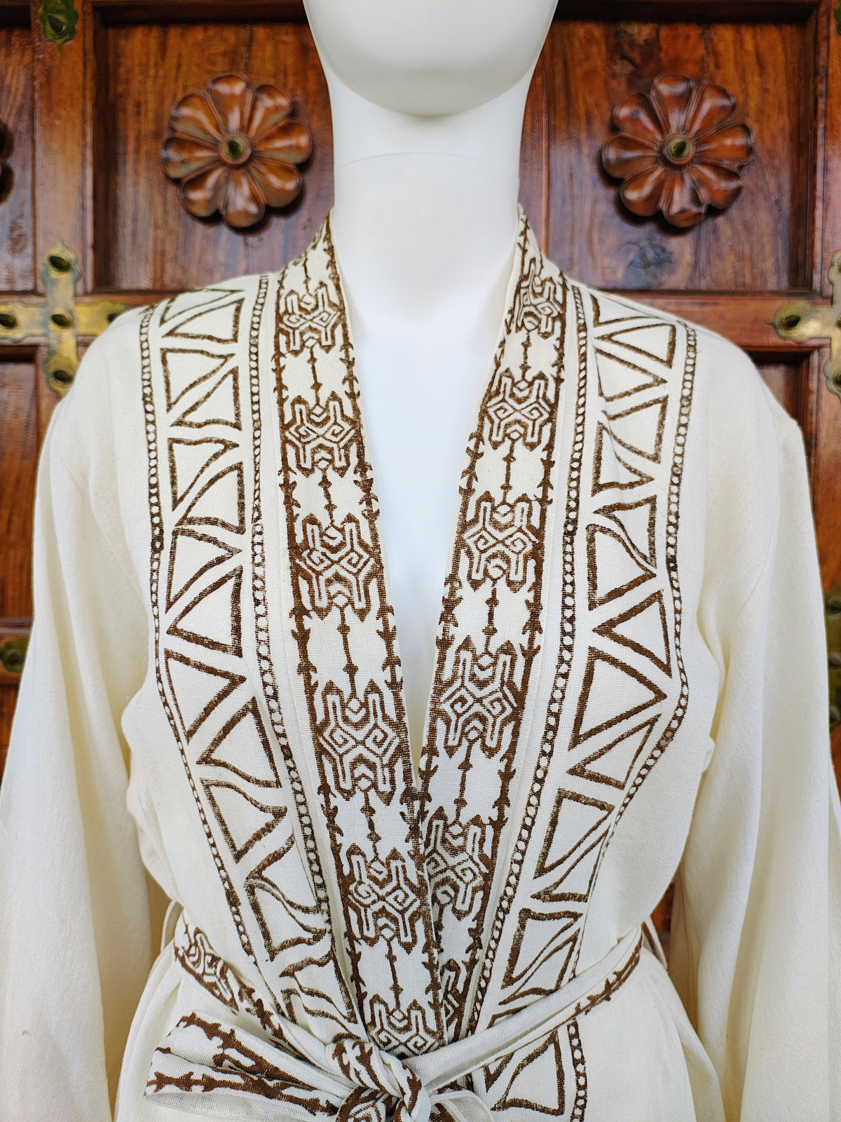 Batwing Sleeves V-neck Midi Length Embroidered Cotton Kimono