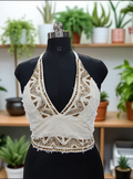 Fringe Embroidered White Halter Neck Backless Crop Top